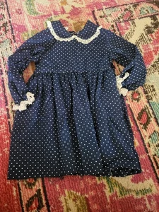 VTG Mini World girls size 2t navy blue polka dot girls dress long sleeve button - Picture 1 of 2