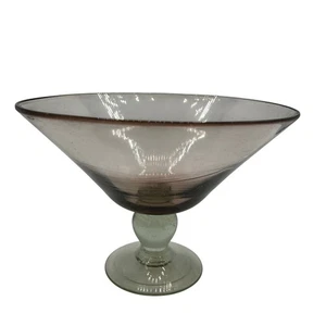 Vintage Art Glass Pedestal Bowl Compote Hand Blown RARE Smokey PLUM Gray Green - Picture 1 of 8