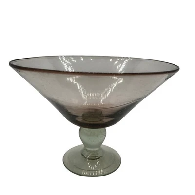 Vintage Art Glass Pedestal Bowl Compote Hand Blown RARE Smokey PLUM Gray Green - Image 1 of 4