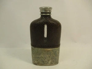 Antique Vintage 6" Liqour Hip Flask Glass Leather Silverplate Ornate Engraved - Picture 1 of 11