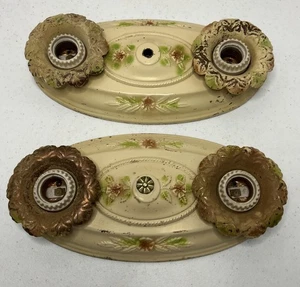 Vintage Art Nouveau Deco Cast Metal 2 Bulb Flush Mount Ceiling Light Polychrome - Picture 1 of 23