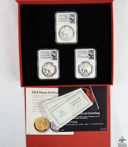 Set of 3: 2018 China Silver & Jade Panda Moon Festival Medals NGC MS70 & PF70 UC - Picture 1 of 5