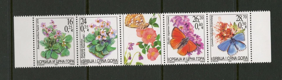 G441  Serbia  2004   flora butterflies  FOLDED-ONCE  strip    MNH - Image 1 of 1