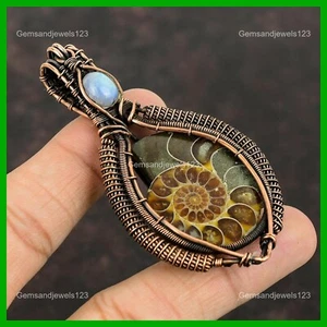 Ammonite Fossil Stone Rainbow Moonstone Copper Boho Wire Wrapped Pendant Jewelry - Picture 1 of 6