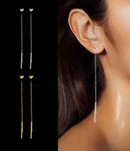 Non-allergic Long Heart Drop Dangle Chain Tassel Threader Stud Earrings Jewelry - Picture 1 of 36
