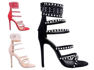 Gladiador con correa de gladiador de 3 colores punta abierta con cremallera alta al tobillo tacones de aguja de 4,5"" para mujer - Imagen 1 de 16