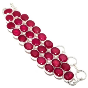 Ruby(Simulated) Gemstone Handmade 925 Silver Plated Bracelet 7-8" - Picture 1 of 1