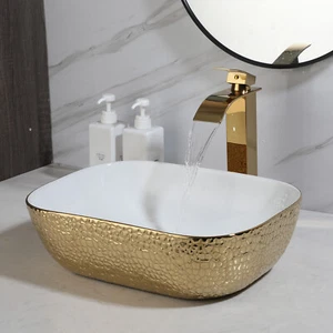 Gold Bathroom Vessel Sink Rectangle Ceramic Vanity Basin Pop Up Drain Mixer Tap - Picture 1 of 8