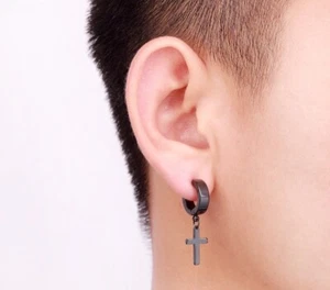 2 Piece Black Cross Hoop Earrings - Pair - Christian, Rock, Punk, Goth - Picture 1 of 2