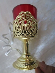 Vintage Metal Gold-Plated Vigil Votive corded lamp w/Red Glass 3-Jewels 1970's - Picture 1 of 18