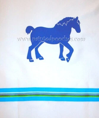 Clydesdale Draft Horse Shower Curtain White w/blue horses and stripe ribbon SALE - Image 1 of 4