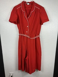 Vintage Red Belted Jumpsuit Romper Collared Button Diner Grease Costume Medium - Picture 1 of 12