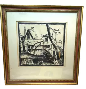 Woodcut print Depression Era Farm Image No Signature 9x10 in Framed 16 x 15.5 - Picture 1 of 3