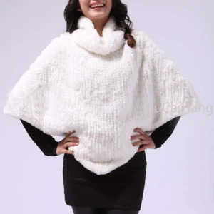 Handmade Knit Rabbit Fur Cape Stole Scarf Triangle Shawl with Collar Coat Cloak - Picture 1 of 4
