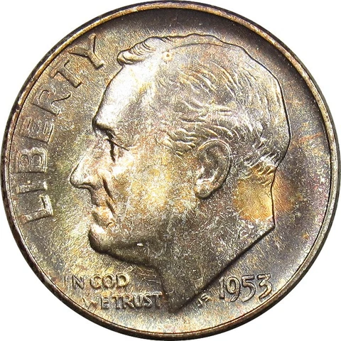1953 Roosevelt Dime GEM BU Toning (WR22) Cover