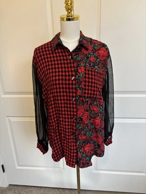 JKLA California Mixed Print Button Down Shirt Large Plaid Floral Sheer Sleeves - Image 1 of 4