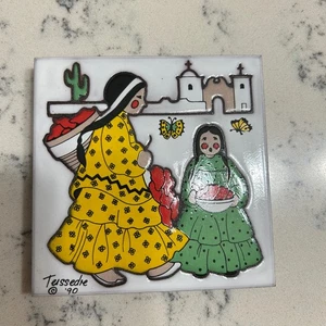 Cleo Teissedre '90 Keramikfliese 4" Wandkunst Untersetzer Untersetzer einheimische Mutter Tochter - Bild 1 von 3