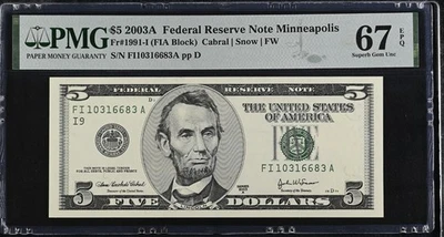 2003A $5 Federal Reserve Note Fr-1991-I Minneapolis PMG67 Superb Gem EPQ - Image 1 of 2