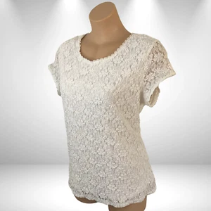 LIZ JORDAN Stretch Lace T-Shirt 🖤 Cream STRETCH Top Short Sleeve Size 14 NWT - Picture 1 of 8