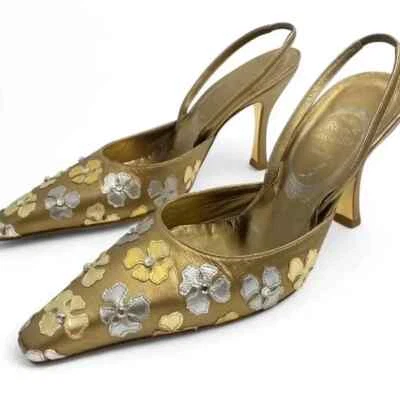 Золотистые каблуки с металлическими цветами Rene Caovilla - Изображение 1 из 4