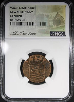 VOC N.E. Moeda genuína Indies Duit New York Penny NGC - Imagem 1 de 2