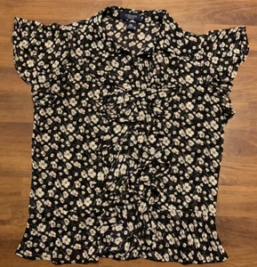 Chaps Ralph Lauren Black Floral Blouse Ruffle Front Chiffon Womens Petite Medium - Picture 1 of 11