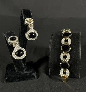 PANETTA Faux Onyx & Rhinestone Circles Bracelet & Earrings Are Missing A Stone - Picture 1 of 11