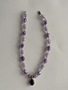 Vtg Sterling Silver Amethyst Pendant on Amethyst & Purple Crystal Beads Necklace - Picture 1 of 3