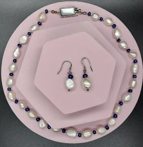 White Potato Pearls with blue Hermatite rounds Necklace and Earrings` - Picture 1 of 2