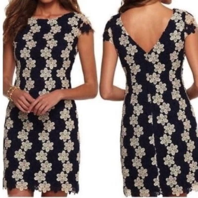 Lilly Pulitzer Dress 2 Barbara Navy Blue Truly Petal Metallic Lace Wedding Party - Image 1 of 4