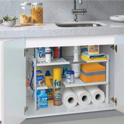 2 Tier Extendable Sink Shelf Adjustable Under Sink Rack Multifuctional Storage - Image 1 of 4