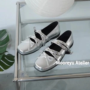 Womens Bow Spring/Summer Leather Retro Shallow Mouth Rivet Ballet Flat Shoes - Picture 1 of 10