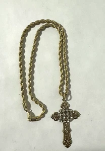 Statement Rhinestone Cross Pendant Necklace Gold tone Prong Set - Large & Bold - Picture 1 of 8