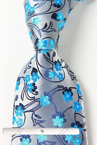 New Classic Floral Blue Silver JACQUARD WOVEN 100% Silk Men's Necktie Tie - Picture 1 of 6