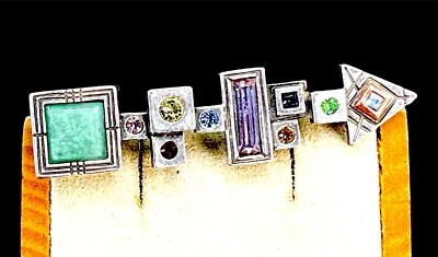 PATRICIA LOCKE SILVER-TONE MULTICOLOR STONE CRYSTAL MODERN ART CUBIST BAR BROOCH - Image 1 of 4