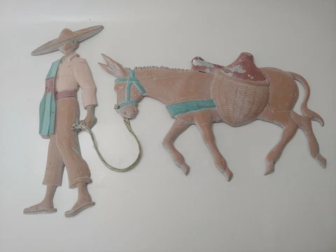 Vtg Cast Metal Art Southwestern Wall Plaques Mexican Man Leading Donkey Mule Cover