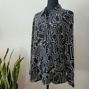 Worthington Fun Geometric Black White Long Sleeve Button Down Blouse Large - Picture 1 of 6