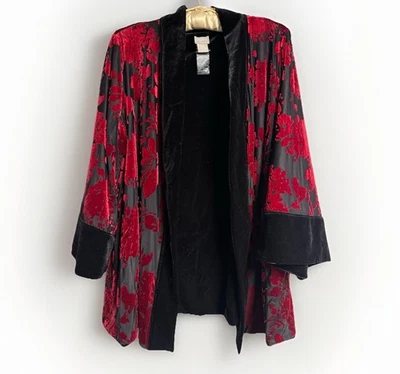 Kimono de Terciopelo Reversible Chico’s Viajeros Talla 2 12/14 Rojo Negro Burnout Floral Foto 1 de 4