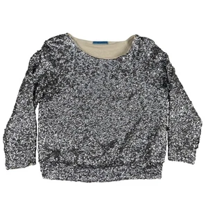 Alice + Olivia Evelina 100% Silk Sequin Gunmetal Gray Top Sz Large - Picture 1 of 6