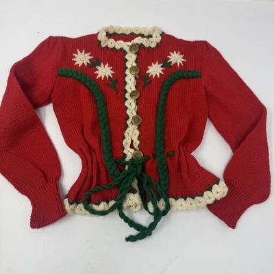 Cardigã suéter vintage feito à mão folk Trachten meninas vermelho crochê crewel tamanho 3-4 - Imagem 1 de 4