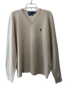 Polo Ralph Lauren Sweater Men Cream Off White 100% Lambs Wool Knit V-Neck Sz XL - Picture 1 of 6
