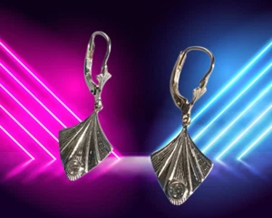 I Pendientes I Diseño Art Deco I Real 585 Oro Blanco Macizo I 2 Diamantes Reales I - Imagen 1 de 4