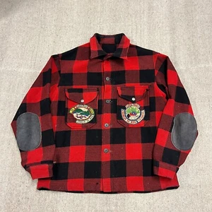 Vintage Flannel Jacket Mens Medium Red 1960s Wool Plaid Button Up Quebec Shacket - Picture 1 of 12