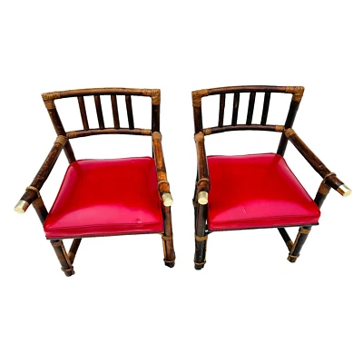 Juego de 2 sillas de bambú de vinilo rojo estilo asiático vintage Foto 1 de 4