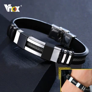 Vnox Stainless Steel Bracelet Men Wrist Band Black Grooved Rudder Silicone Mesh - Picture 1 of 6