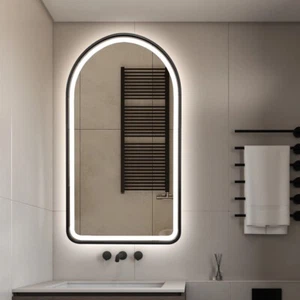 Backlit Arched LED Mirror Black 90x50cm Frosted Touch Sensor Dimmable Defogger - Picture 1 of 4