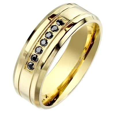 Alianza de boda para hombre placa de PVD dorada acero inoxidable circonita cúbica negra anillo moderno Foto 1 de 4