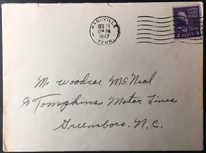 Nashville, Tennessee cover - posted Dec 18, 1947 with US #807 Prexie tied - TN - Picture 1 of 1
