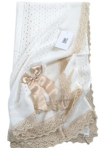 Baby Blanket Shawl Cream Romany Spanishwith Beige Lace and bow - Picture 1 of 12