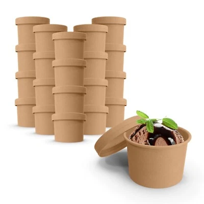 MT Products Disposable Brown Paper Soup Cups with Lids 8 oz - Set of 20